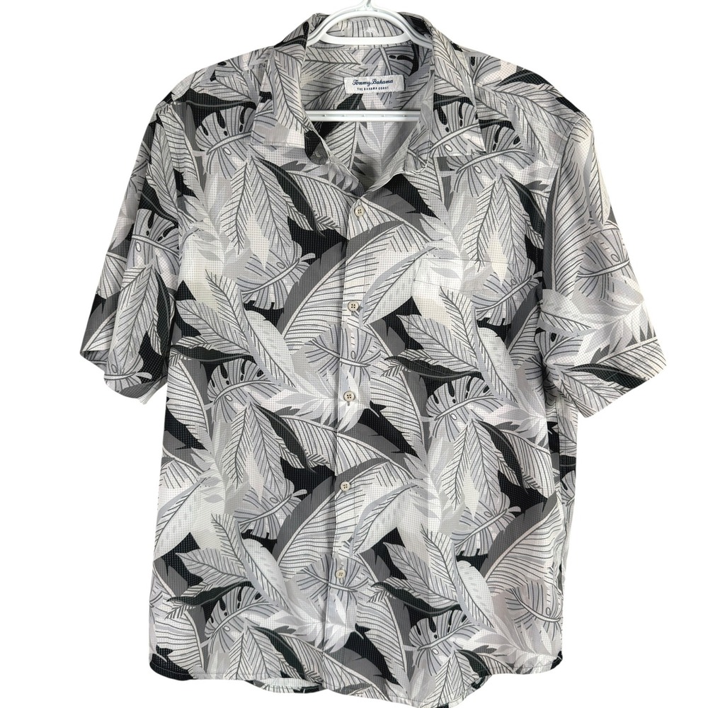 Tommy Bahama Coast Jungle Bay Hawaiian Shirt Mens L Carbon Gray Island Zone Palm